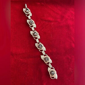 Vintage Antique Brass Silver Finish Flower Rose Link Bracelet Costume